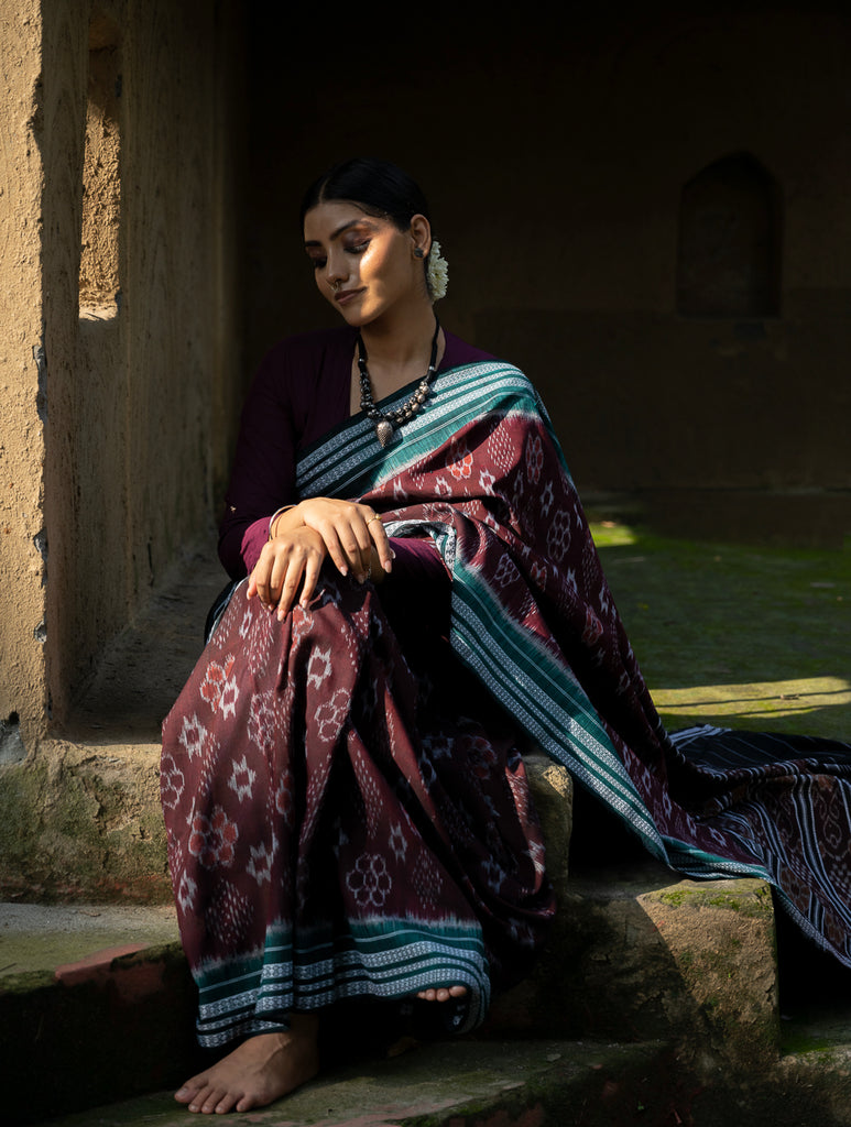 Handwoven Sambhalpuri Ikat Cotton Saree - Brown Elegance