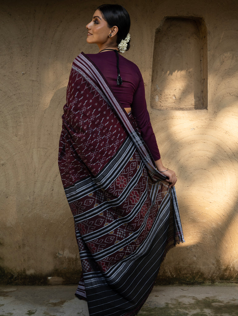 Handwoven Sambhalpuri Ikat Cotton Saree - Brown & Deep Green