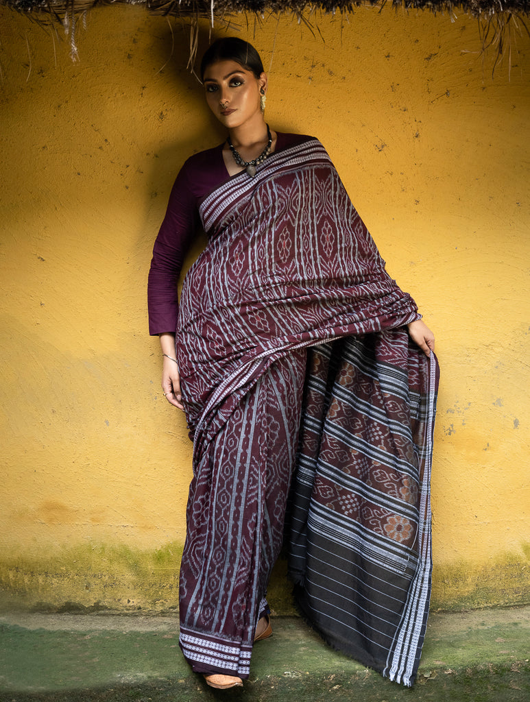 Handwoven Sambhalpuri Ikat Cotton Saree - Deep Brown