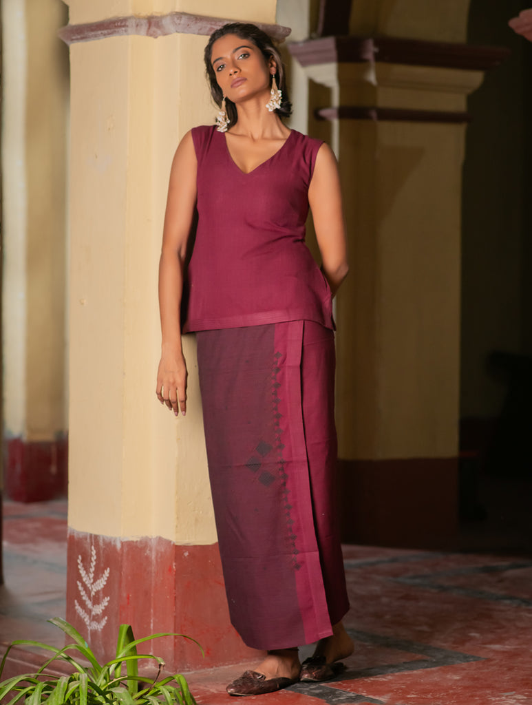 Handwoven Elegance. Kashida Pattu Cotton Wrap Skirt & Top Set - Deep Maroon