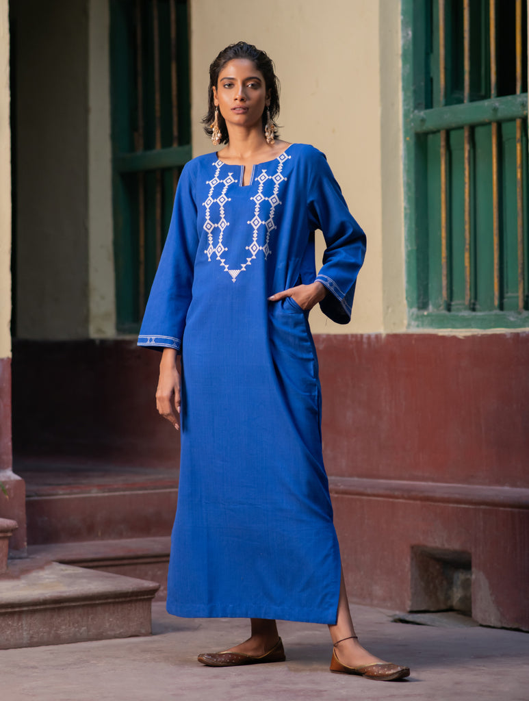 Handwoven Elegance. Kashida Pattu Long Kaftan Dress - Royal Blue