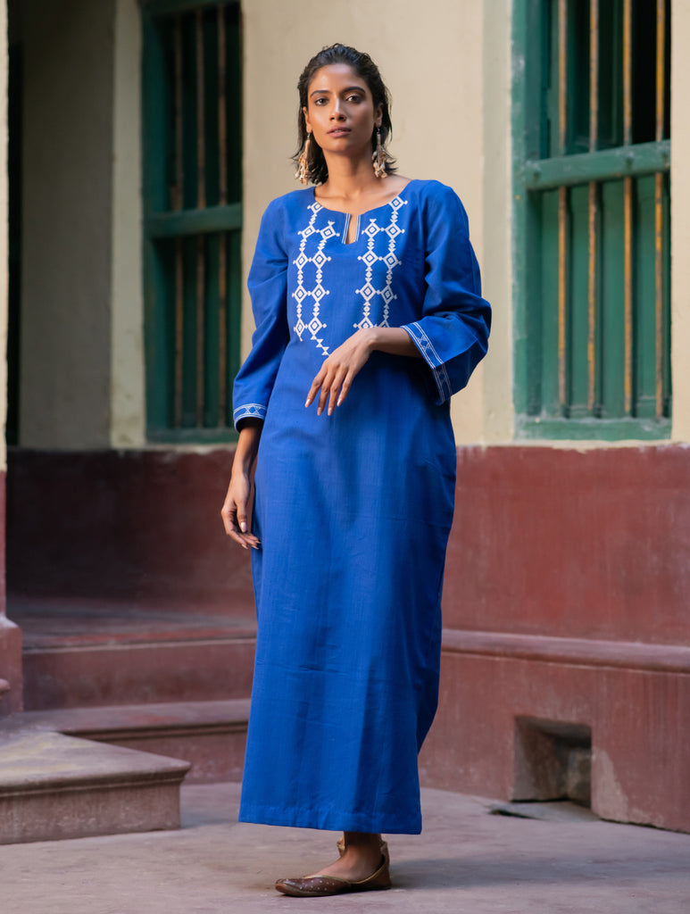 Handwoven Elegance. Kashida Pattu Long Kaftan Dress - Royal Blue