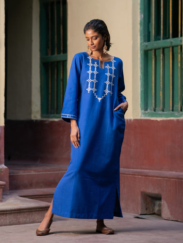 Handwoven Elegance. Kashida Pattu Long Kaftan Dress - Royal Blue
