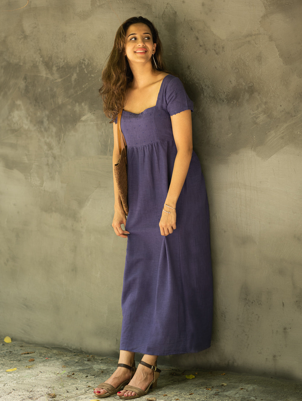 Handwoven Elegance. Organic Kala Cotton Long Dress - Deep Lavender