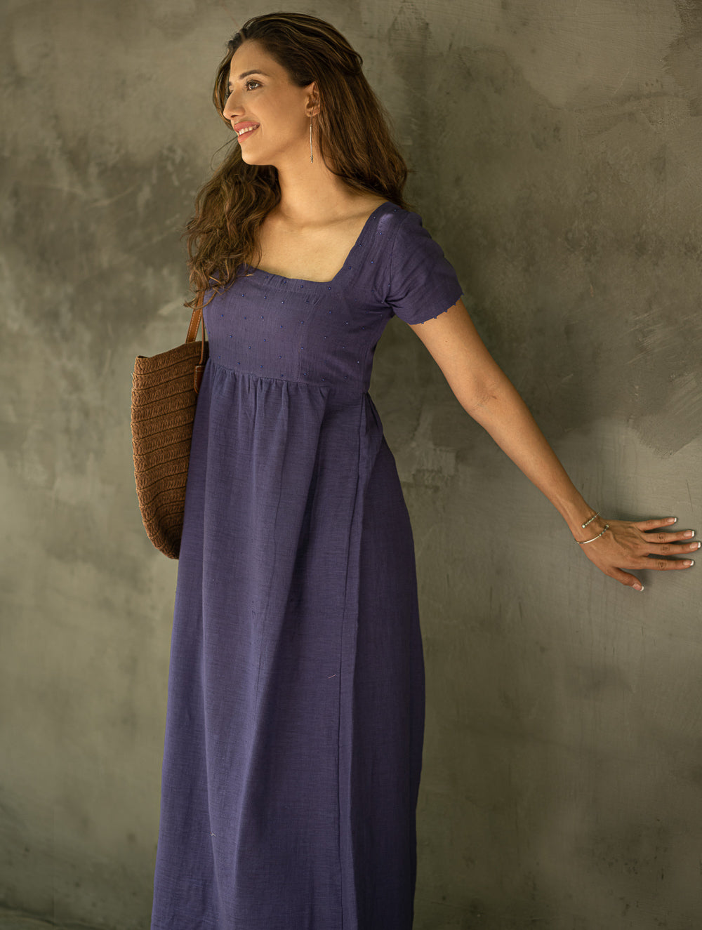 Handwoven Elegance. Organic Kala Cotton Long Dress - Deep Lavender