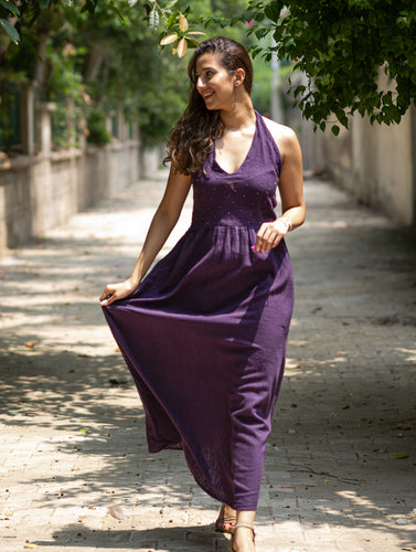 Handwoven Elegance. Organic Kala Cotton Long Dress - Deep Purple