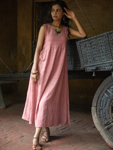 Handwoven Elegance. Organic Kala Cotton Long Dress - Shell Pink