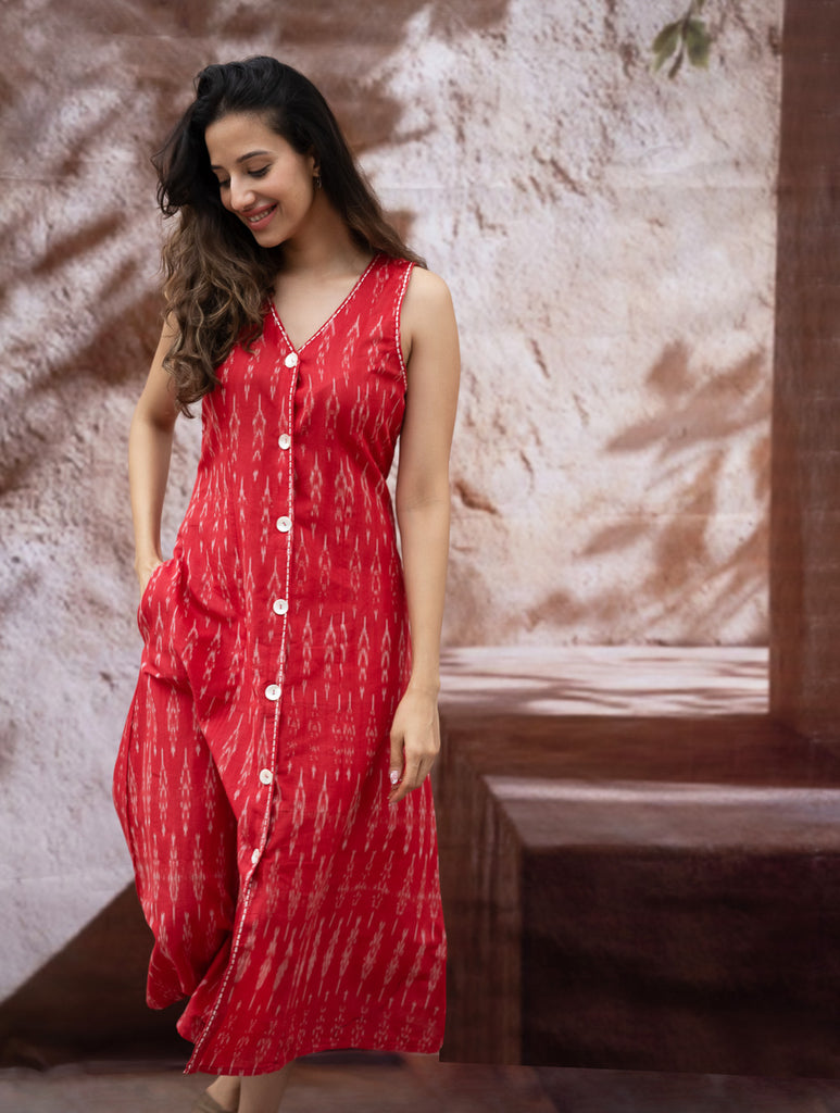 Handwoven Ikat Button Down Dress - Scarlet Strokes