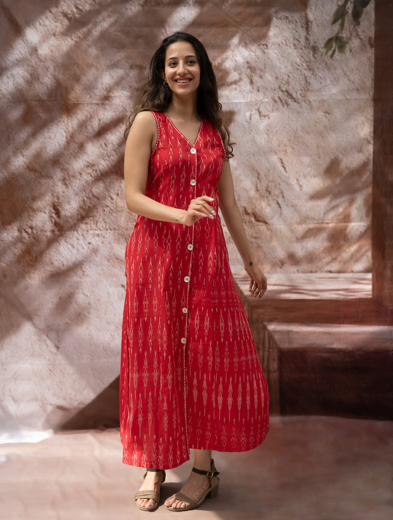 Handwoven Ikat Button Down Dress - Scarlet Strokes