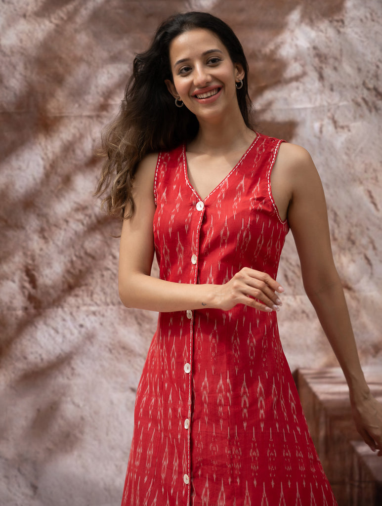 Handwoven Ikat Button Down Dress - Scarlet Strokes