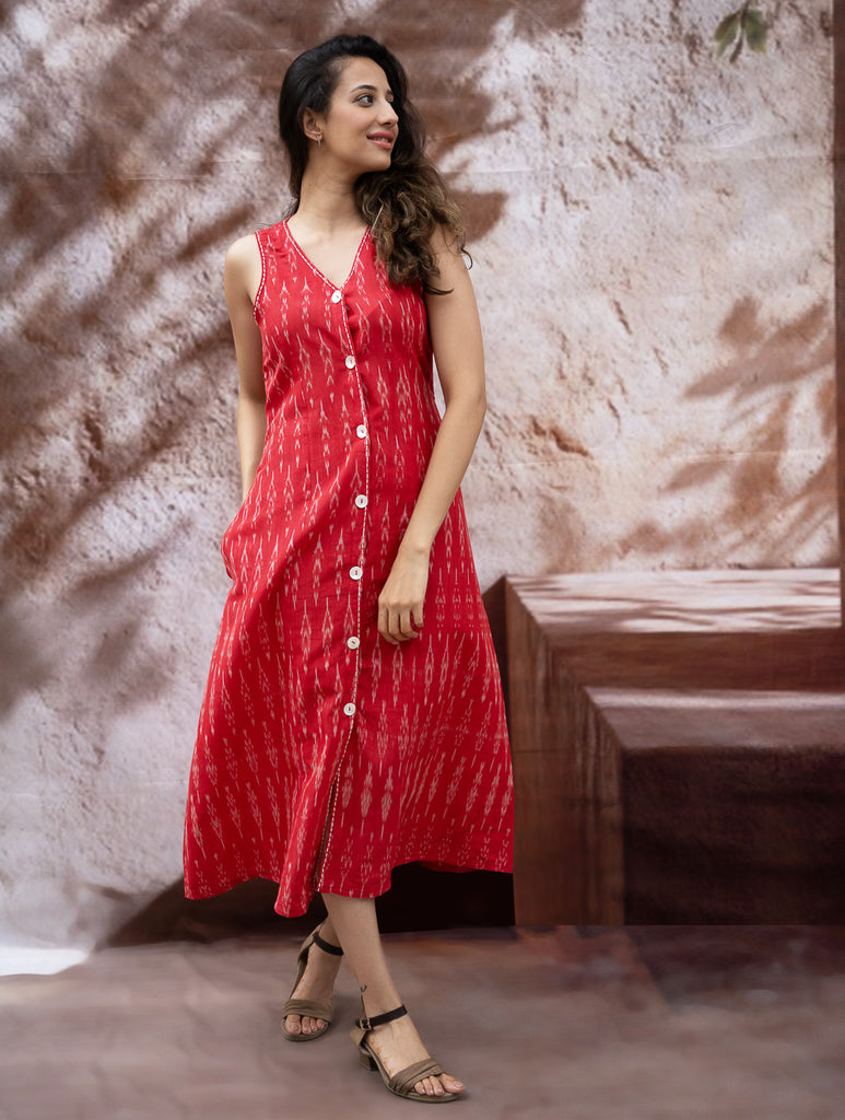 Handwoven Ikat Button Down Dress - Scarlet Strokes