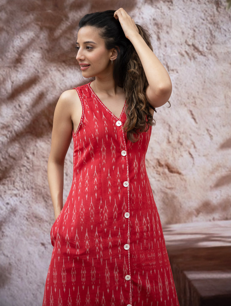Handwoven Ikat Button Down Dress - Scarlet Strokes