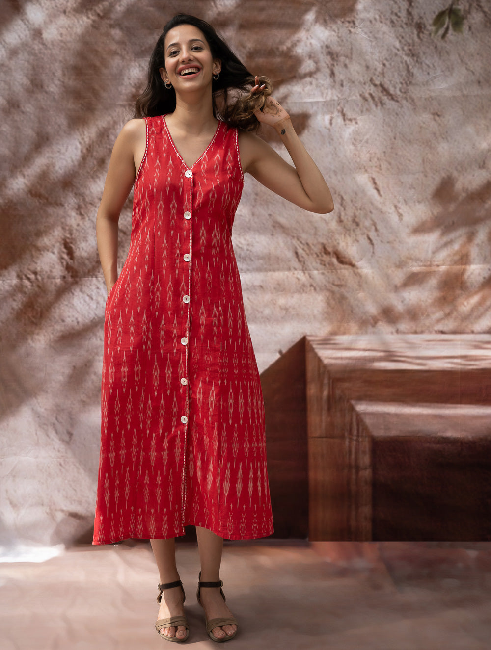Handwoven Ikat Button Down Dress - Scarlet Strokes