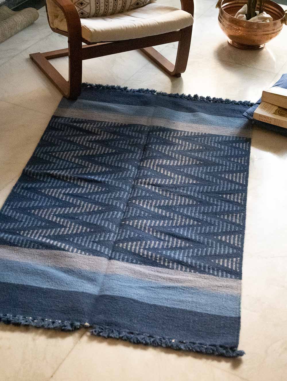 Handwoven Jawaja Rug - Blue Zigzags (5ft x 3ft)