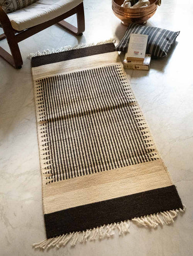 Handwoven Jawaja Slim Rug - Black Stripes (5ft x 2ft)