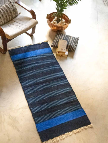 Handwoven Jawaja Slim Rug - Blue Panels (5ft x 2ft)
