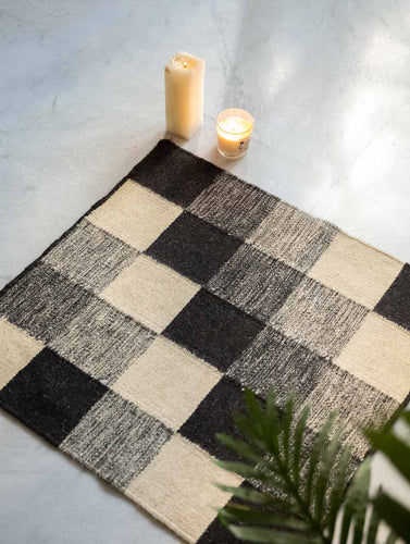 Handwoven Jawaja Small Rug - Black Squares (2ft x 2ft)