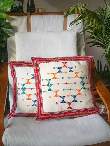 Handwoven Kashida Pattu Cushion Covers - Cool Cream Geometry (Set of 2)