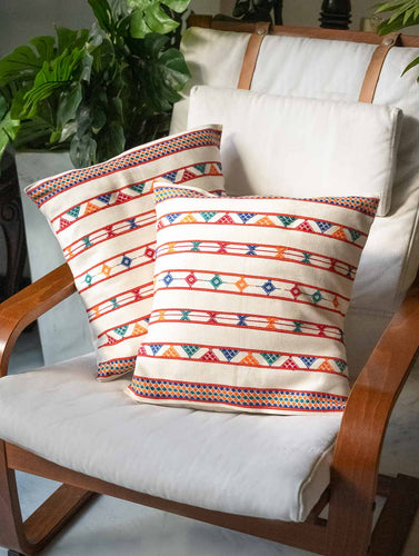 Handwoven Kashida Pattu Cushion Covers - Cream Stripes (Set of 2)