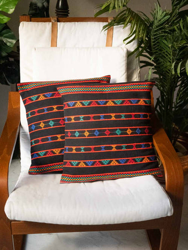 Handwoven Kashida Pattu Cushion Covers - Deep Black Stripes (Set of 2)