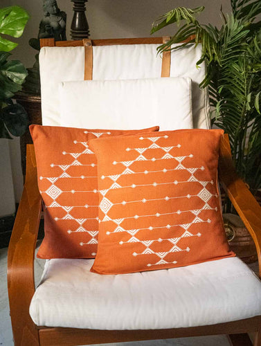Handwoven Kashida Pattu Cushion Covers - Orange Aztec (Set of 2)
