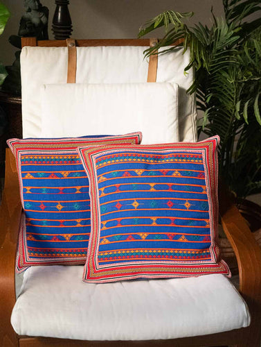 Handwoven Kashida Pattu Cushion Covers - Royal Blue Lines (Set of 2)