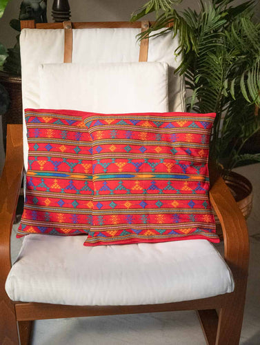 Handwoven Kashida Pattu Cushion Covers - Striking Red Stripes (Set of 2)