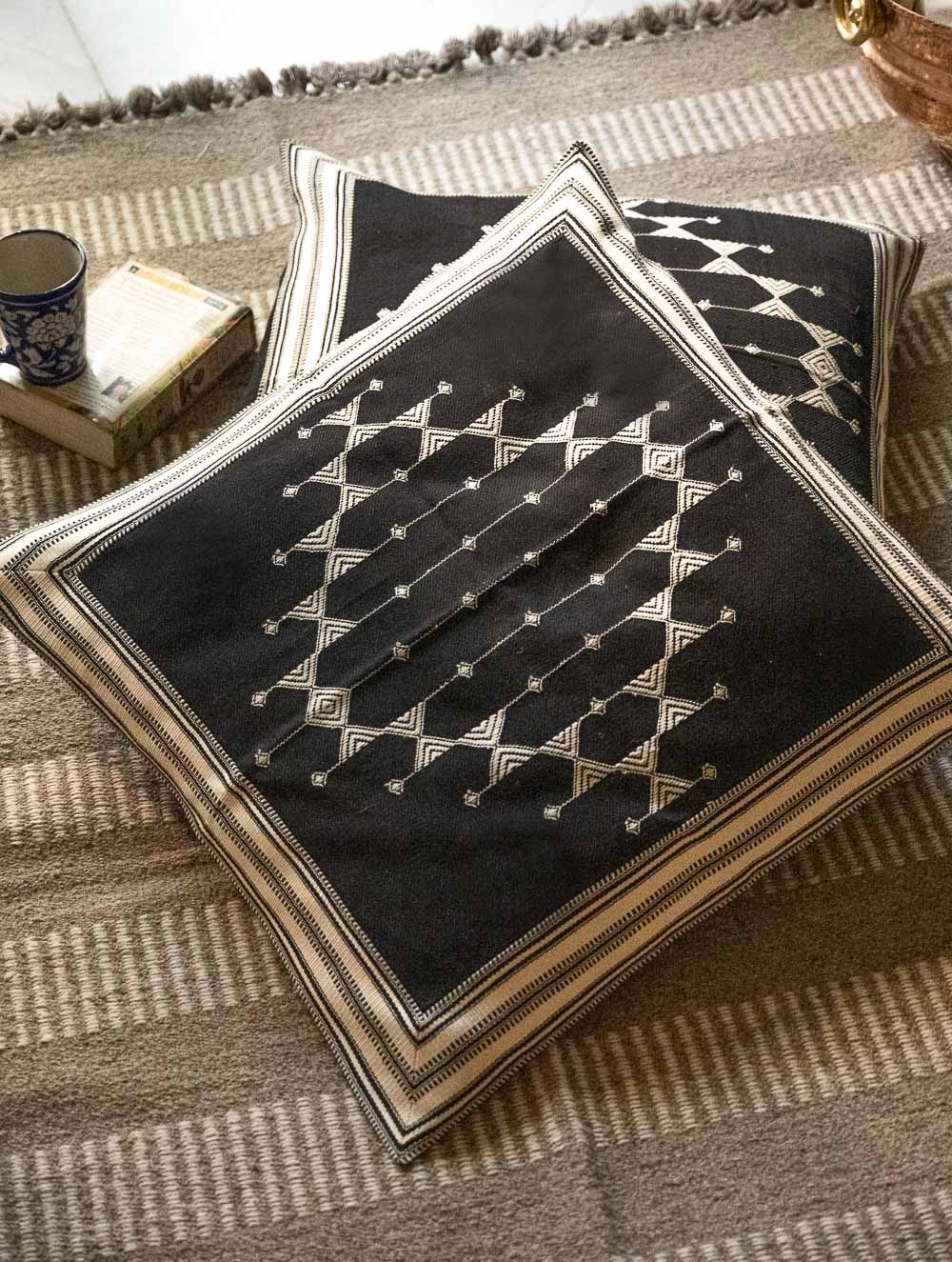Handwoven Kashida Pattu Floor Cushion Covers - Black Stripes (Set of 2)