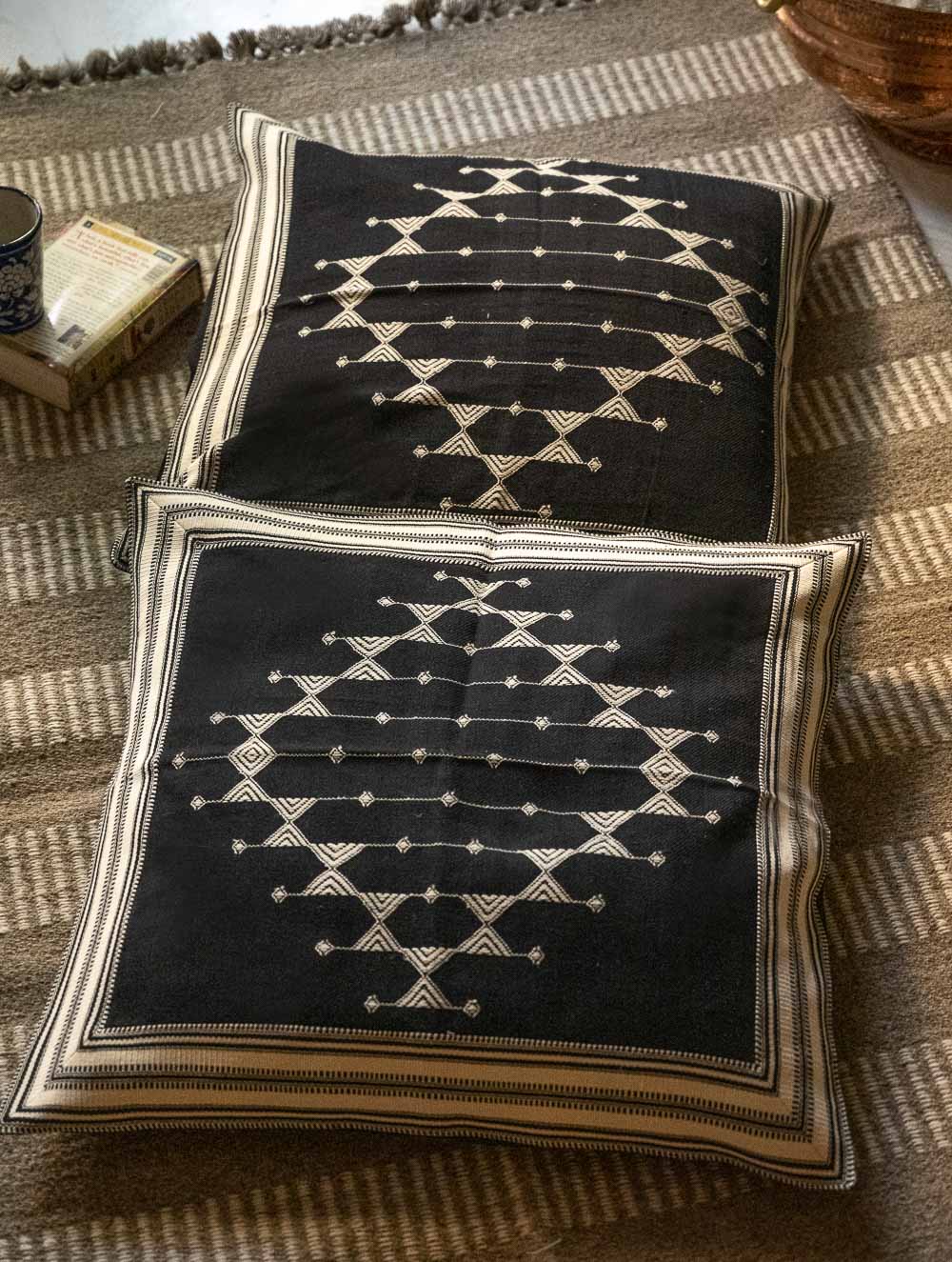 Handwoven Kashida Pattu Floor Cushion Covers - Black Stripes (Set of 2)
