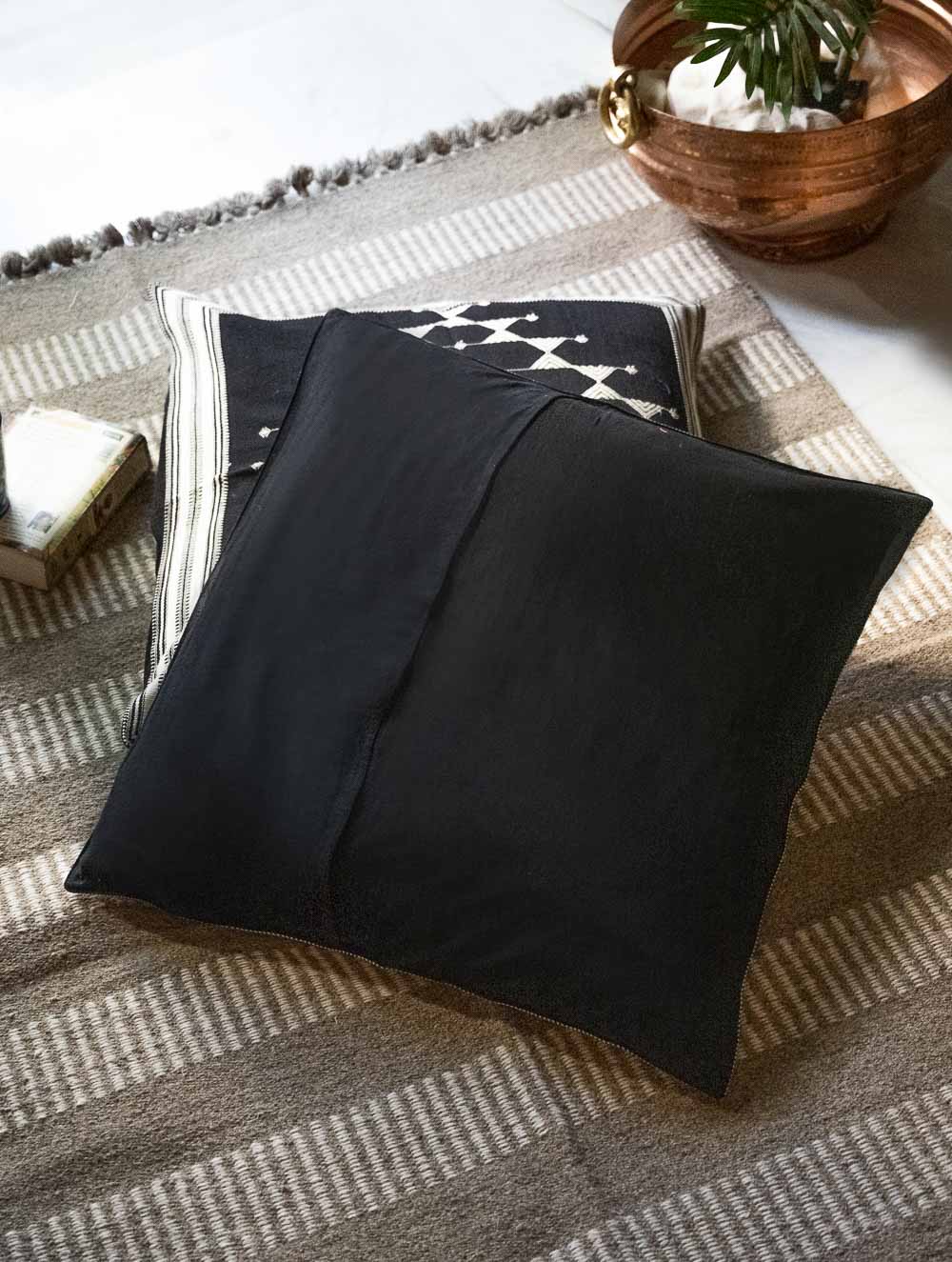 Handwoven Kashida Pattu Floor Cushion Covers - Black Stripes (Set of 2)