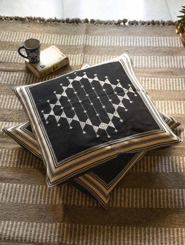 Handwoven Kashida Pattu Floor Cushion Covers - Black Stripes (Set of 2)