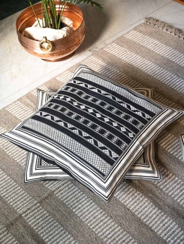 Handwoven Kashida Pattu Floor Cushion Covers - Black & Cream Stripes (Set of 2)