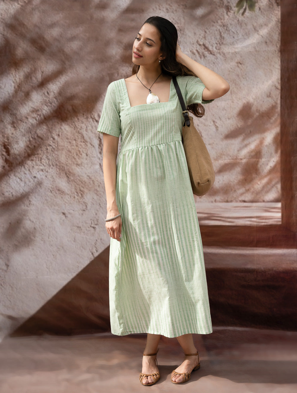 Load image into Gallery viewer, Handwoven Khadi Cotton Dress - Mint Horizon