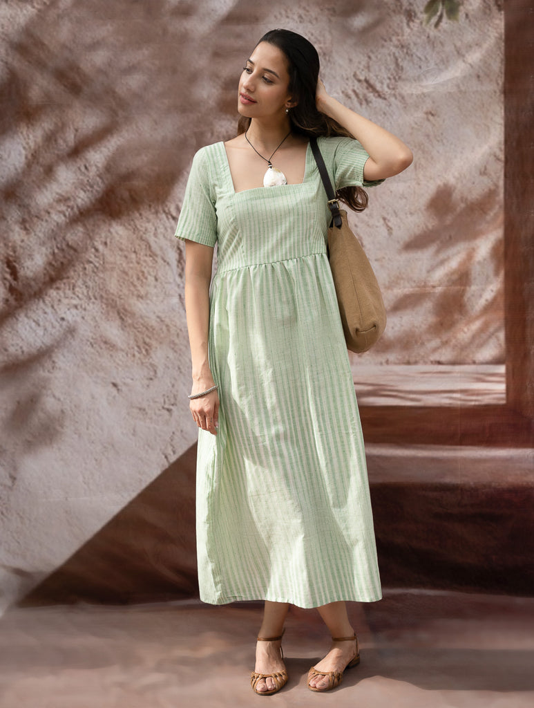 Handwoven Khadi Cotton Dress - Mint Horizon