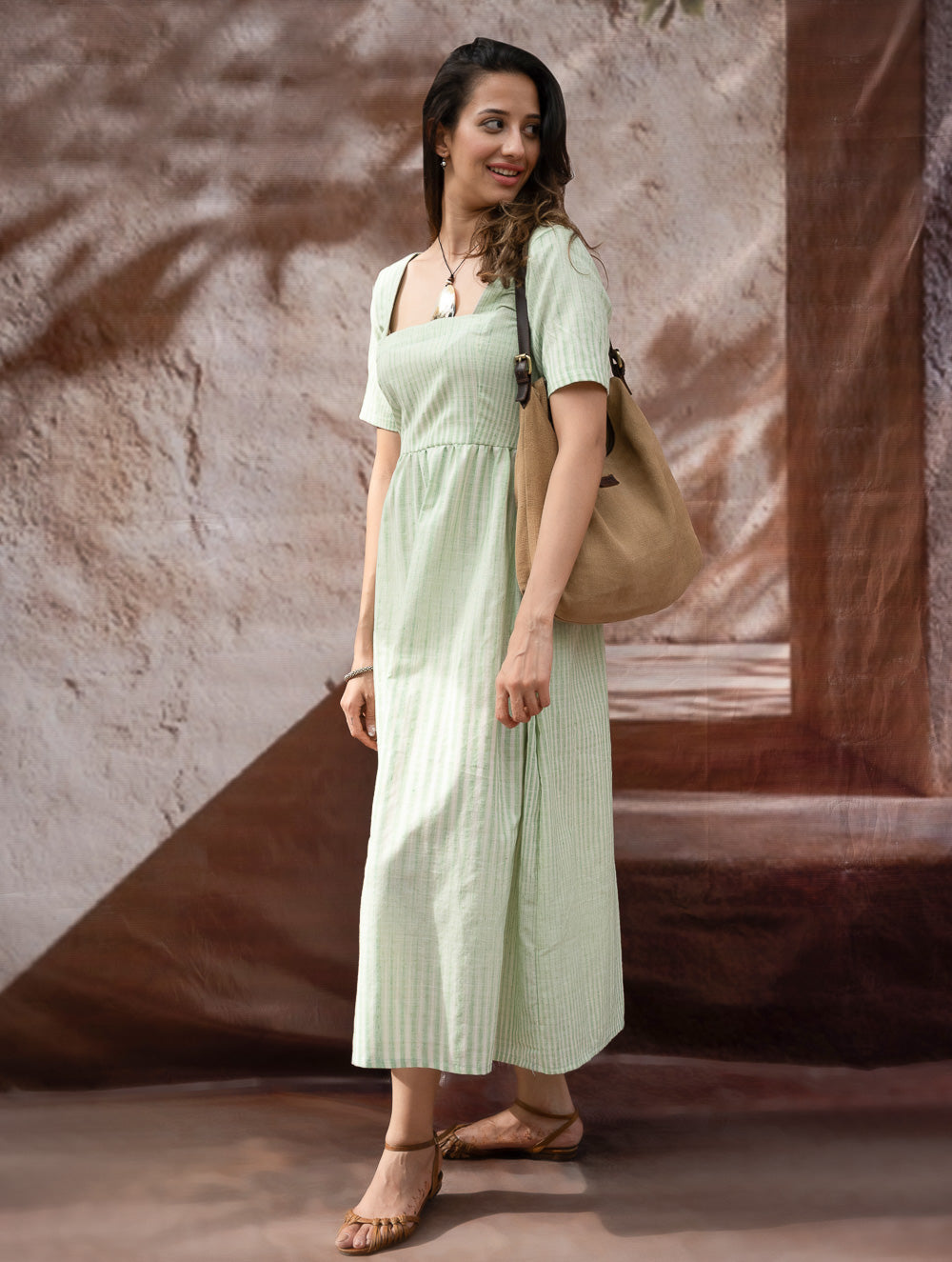 Load image into Gallery viewer, Handwoven Khadi Cotton Dress - Mint Horizon