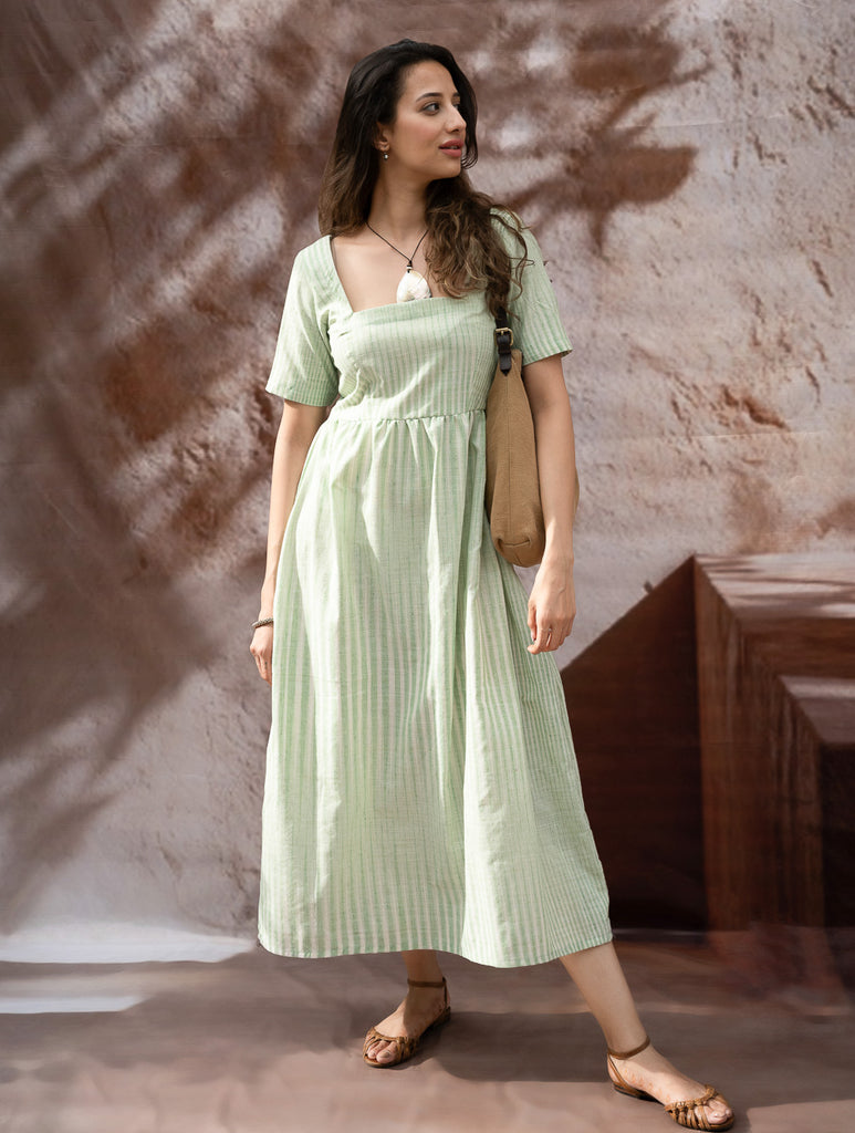 Handwoven Khadi Cotton Dress - Mint Horizon