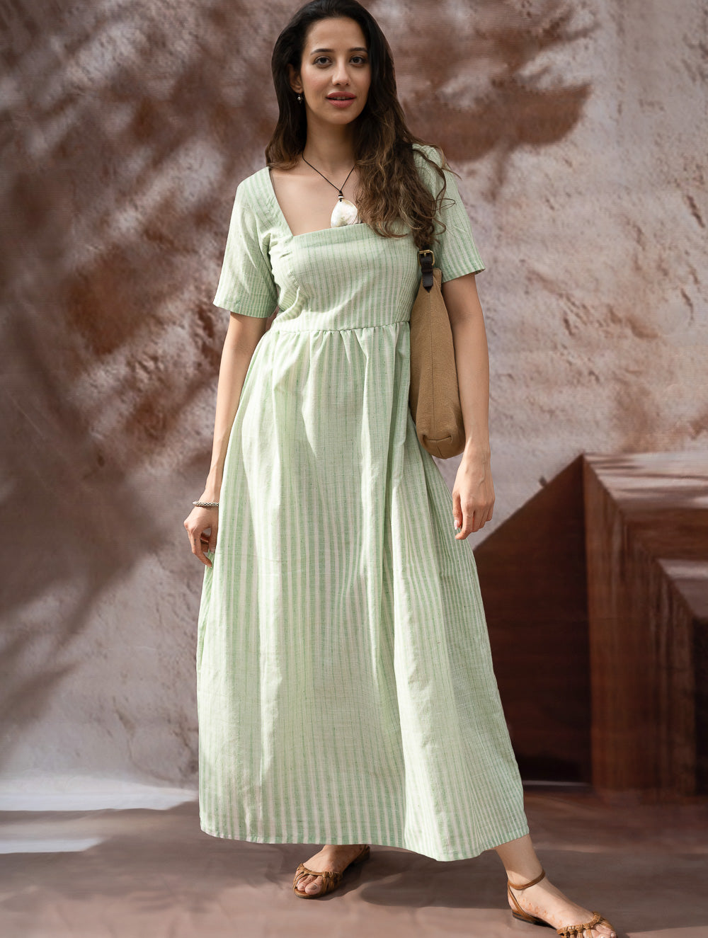 Load image into Gallery viewer, Handwoven Khadi Cotton Dress - Mint Horizon