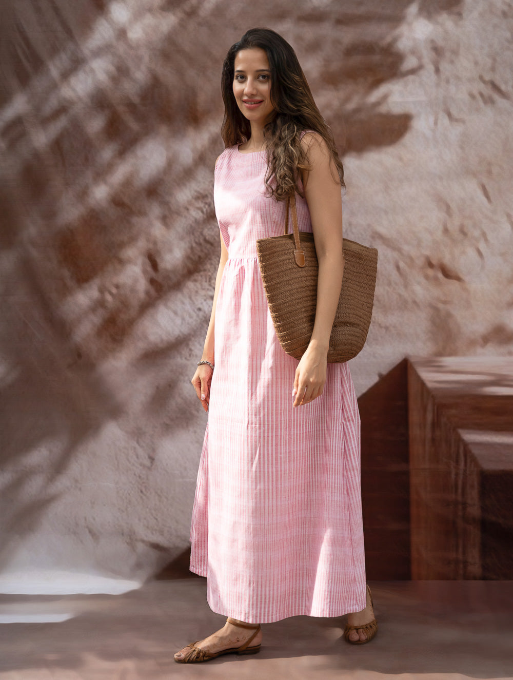 Load image into Gallery viewer, Handwoven Khadi Cotton Dress - Rose Mist