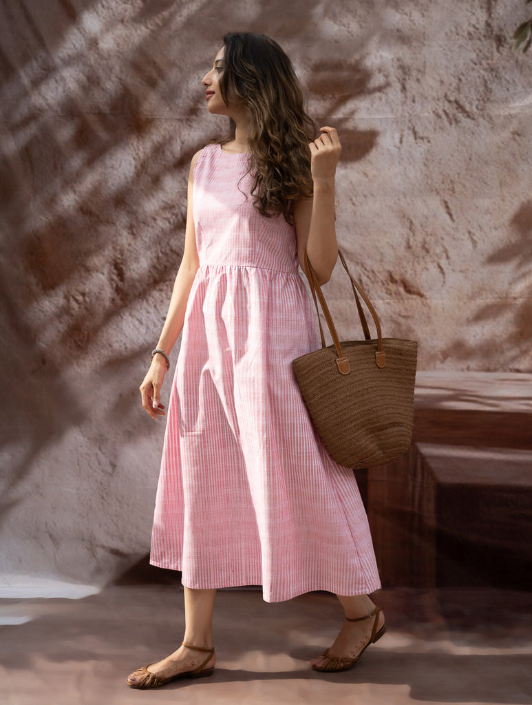 Handwoven Khadi Cotton Dress - Rose Mist