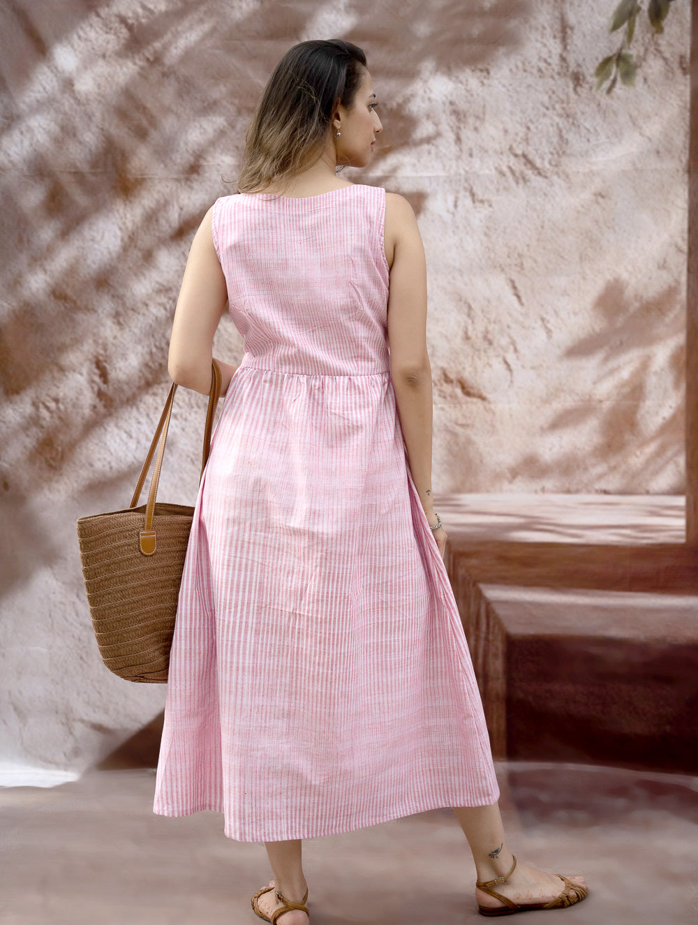 Load image into Gallery viewer, Handwoven Khadi Cotton Dress - Rose Mist