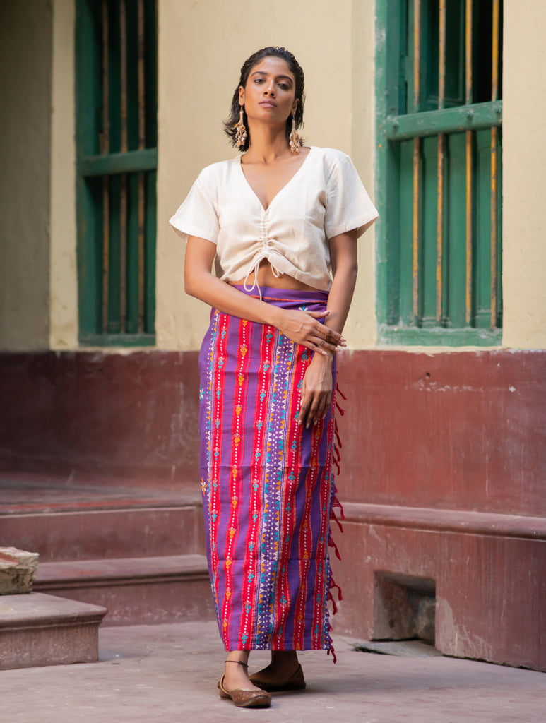 Handwoven Khesh & Kantha Embroidered Cotton Wrap Skirt - Grape