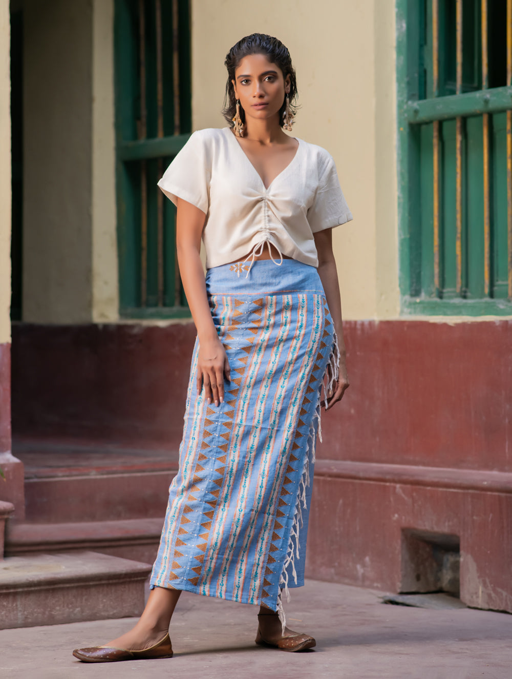 Load image into Gallery viewer, Handwoven Khesh &amp; Kantha Embroidered Cotton Wrap Skirt - Powder Blue