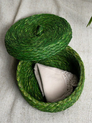 Handwoven Sabai Grass Utility Basket With Lid - Green
