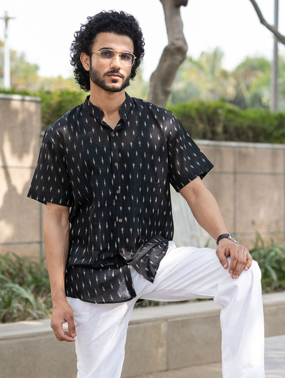 Ikat Hand Woven Soft Cotton Shirt- Black Weave