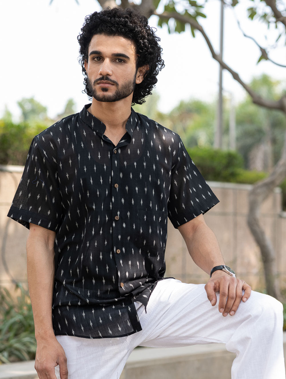 Ikat Hand Woven Soft Cotton Shirt- Black Weave
