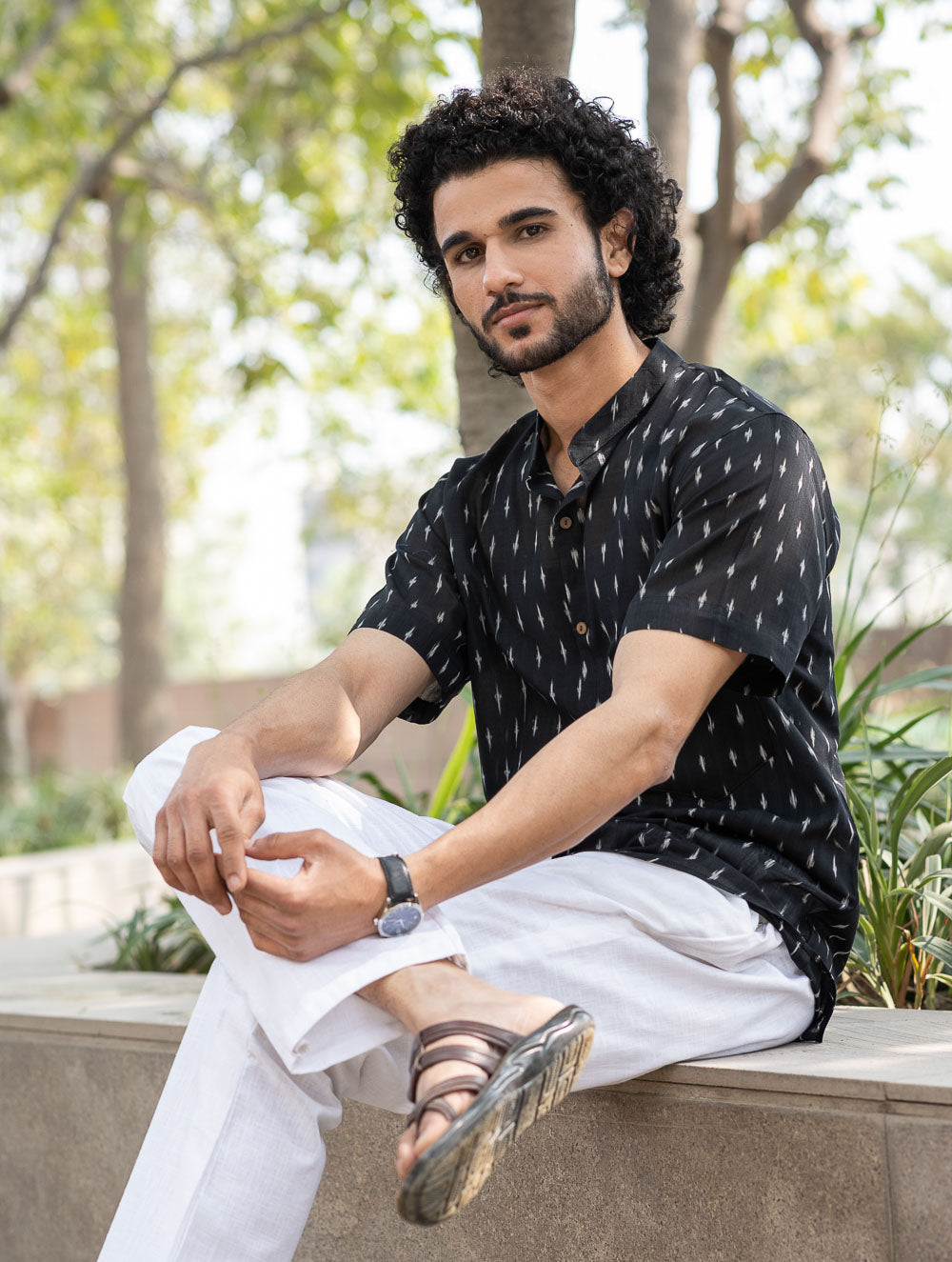 Ikat Hand Woven Soft Cotton Shirt- Black Weave