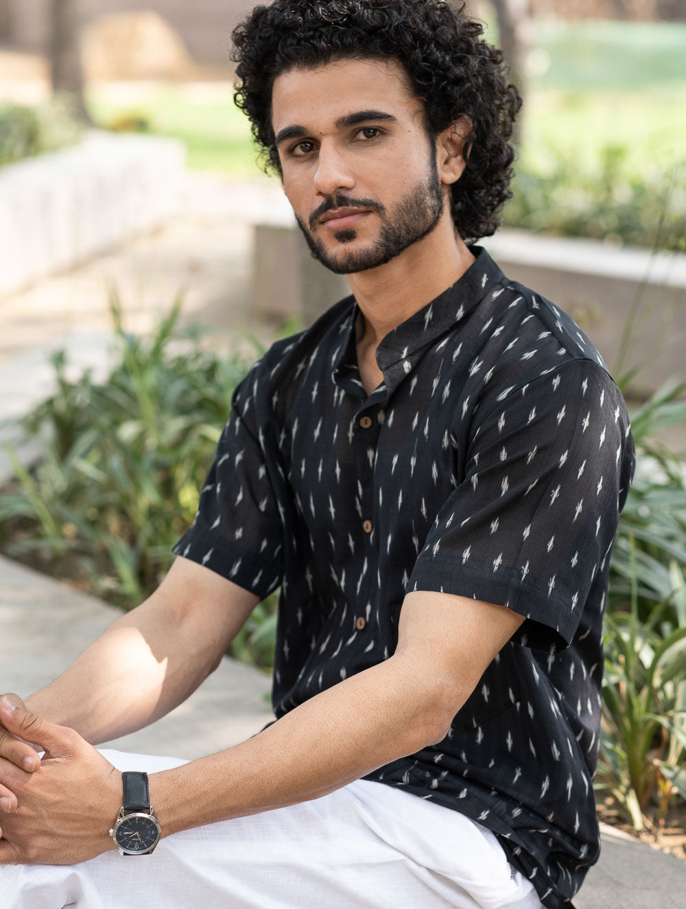 Ikat Hand Woven Soft Cotton Shirt- Black Weave