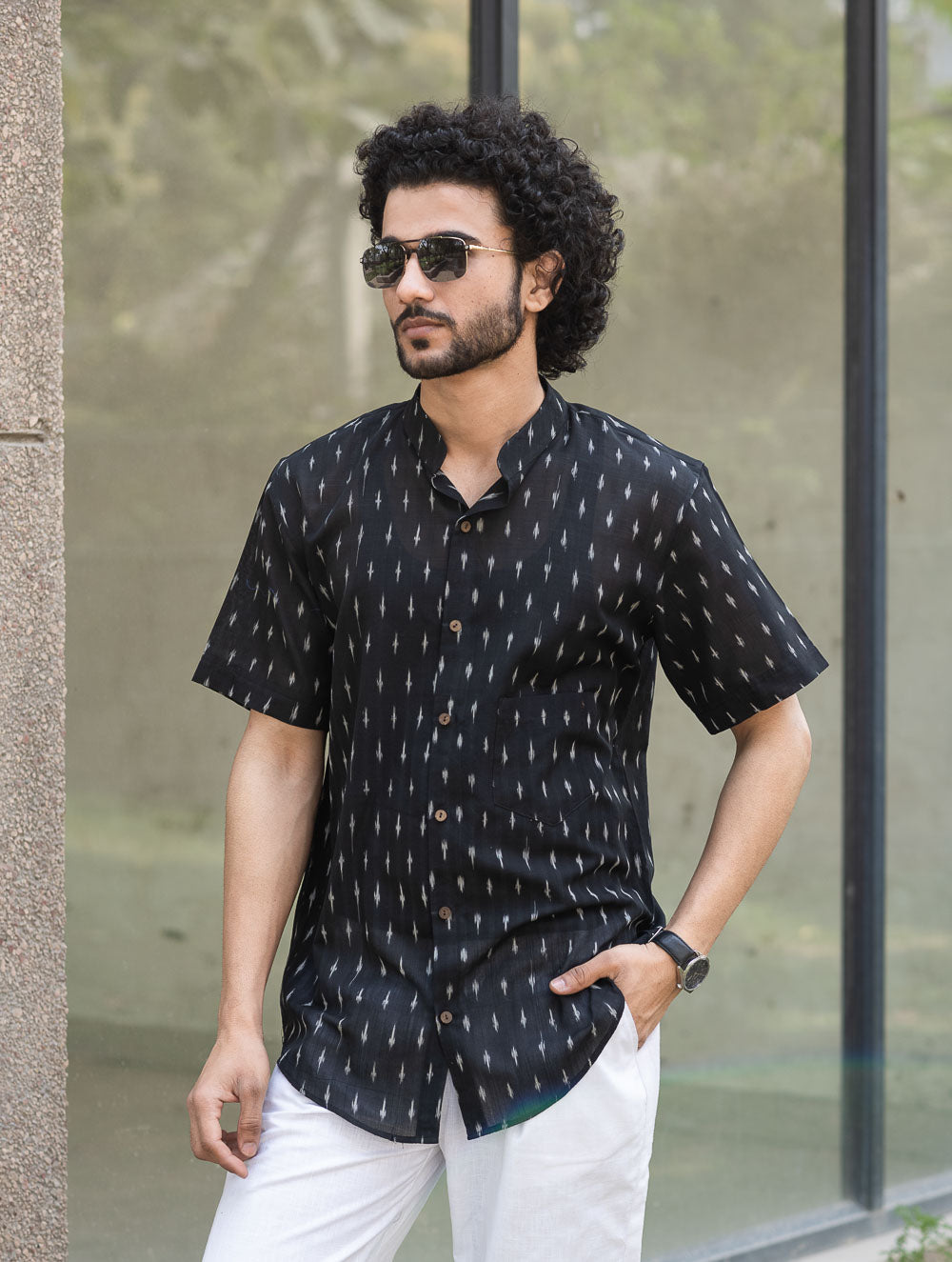 Ikat Hand Woven Soft Cotton Shirt- Black Weave