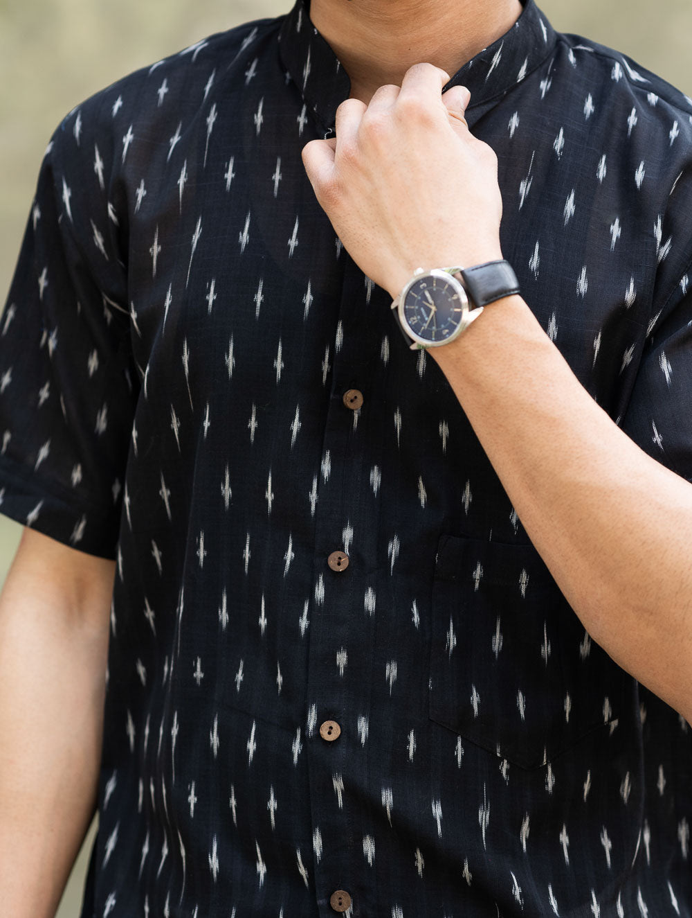 Ikat Hand Woven Soft Cotton Shirt- Black Weave