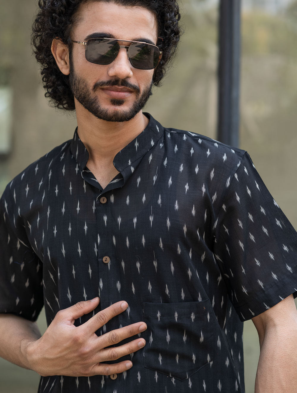 Ikat Hand Woven Soft Cotton Shirt- Black Weave
